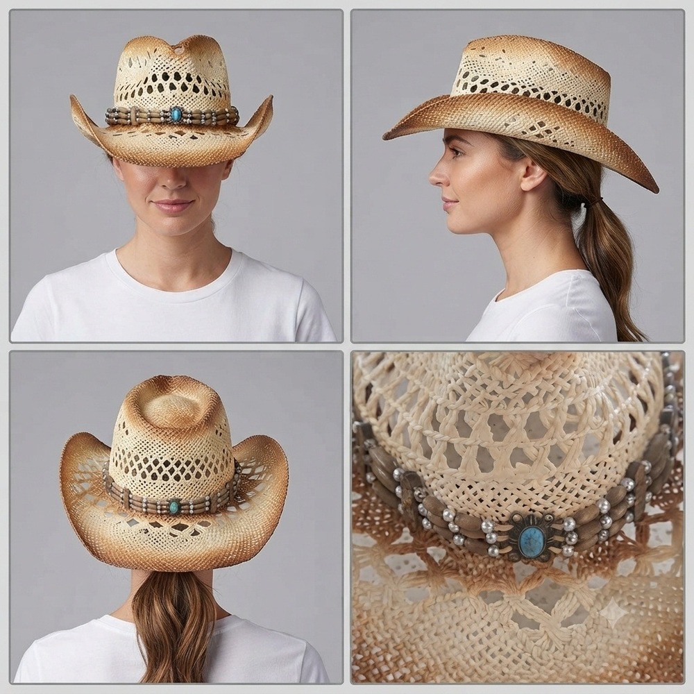 Jacobson Hat Co Women Straw Cowboy Hat Turquoise Bead Ombre Tea Stain Western
